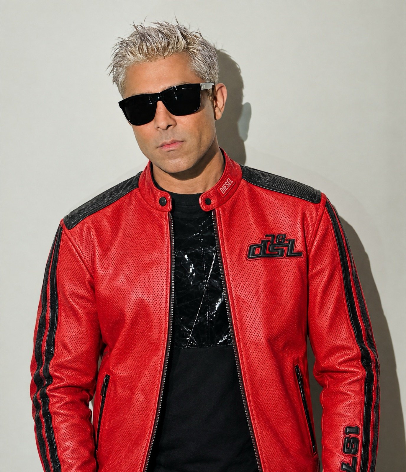 STOKED in his red biker jacket and black shirt